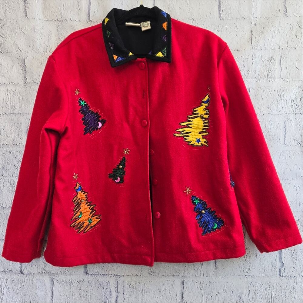 Take Two Vintage 80s Red Christmas Tree Blazer Large